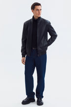 Classic Mock Neck Black Leather Jacket