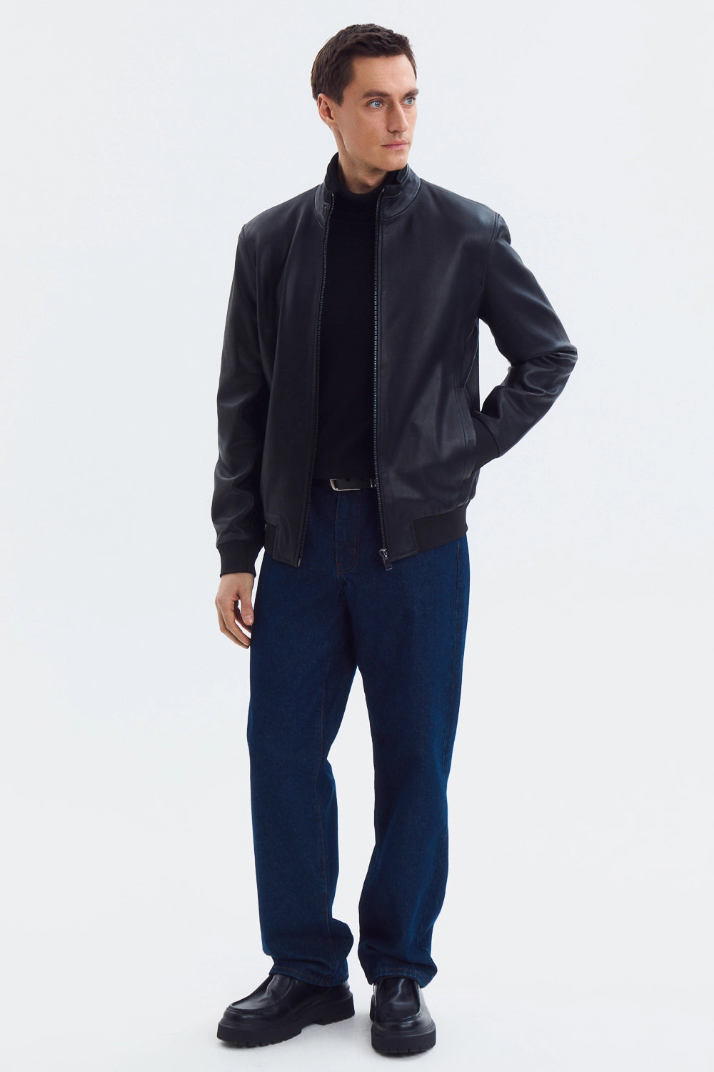 Classic Mock Neck Black Leather Jacket