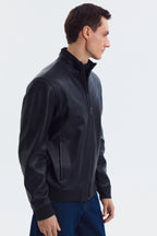 Classic Mock Neck Black Leather Jacket