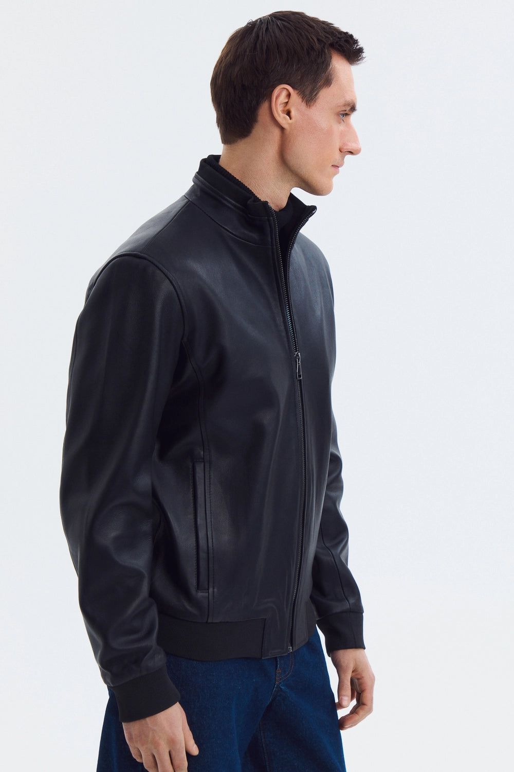 Classic Mock Neck Black Leather Jacket