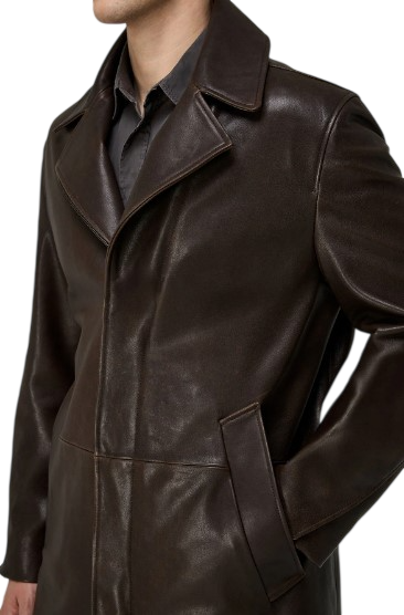 front-side view Classic Men's Brown Cowhide Leather Coat with hidden buttons, knee-length design, premium genuine leather by LeatherTex for winter men outfits