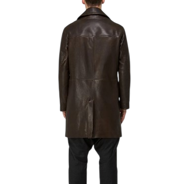 back-view Classic Men's Brown Cowhide Leather Coat with hidden buttons, knee-length design, premium genuine leather by LeatherTex for winter men outfits