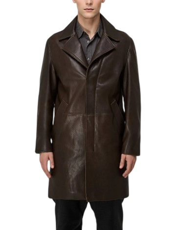 front-view Classic Men's Brown Cowhide Leather Coat with hidden buttons, knee-length design, premium genuine leather by LeatherTex for winter men outfits
