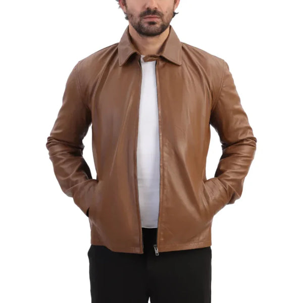Classic Men’s Brown Leather Jacket – Lightweight Soft Sheepskin