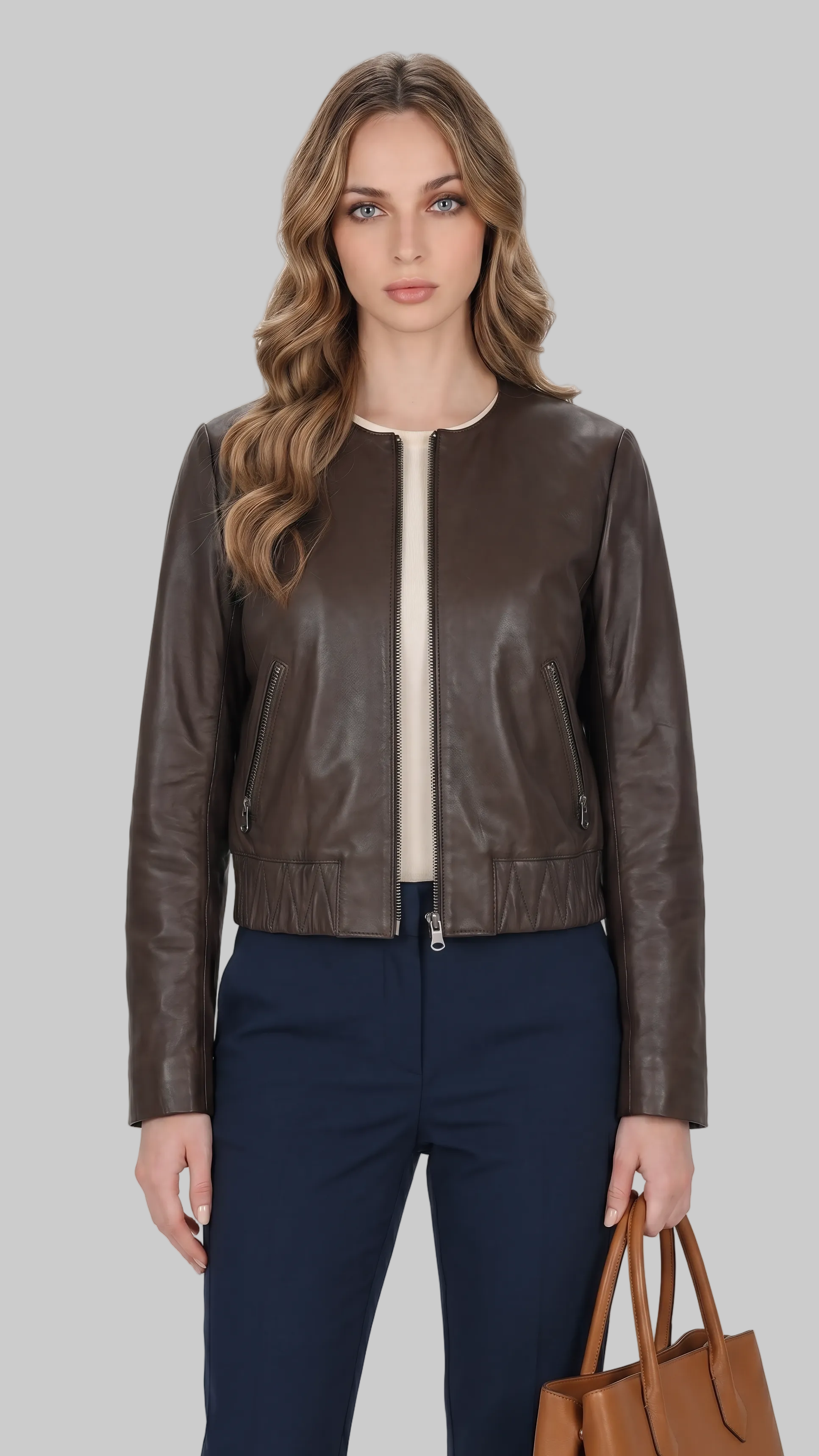 Collarless Leather Bomber - Manoos