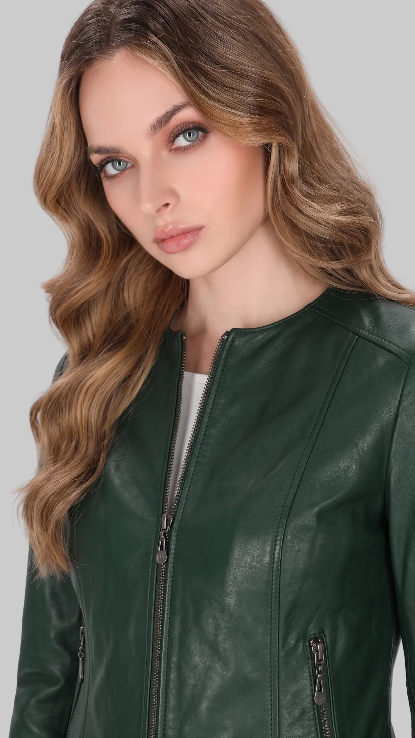 Dark Green Collarless Leather