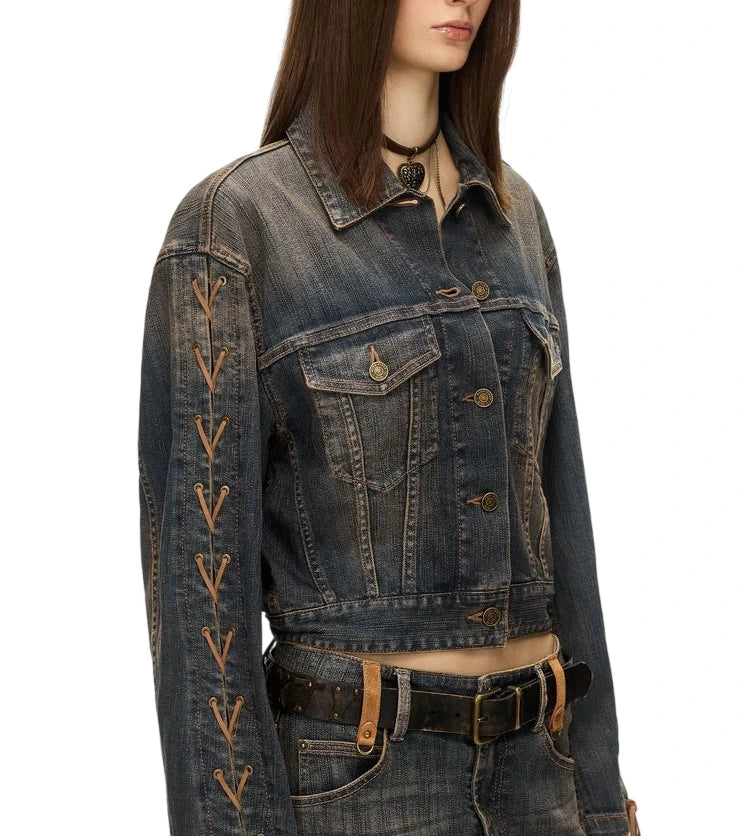 Distressed Lace-Up Sleeve Denim Jacket