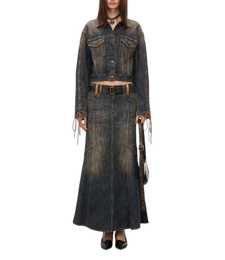 Distressed Lace-Up Sleeve Denim Jacket