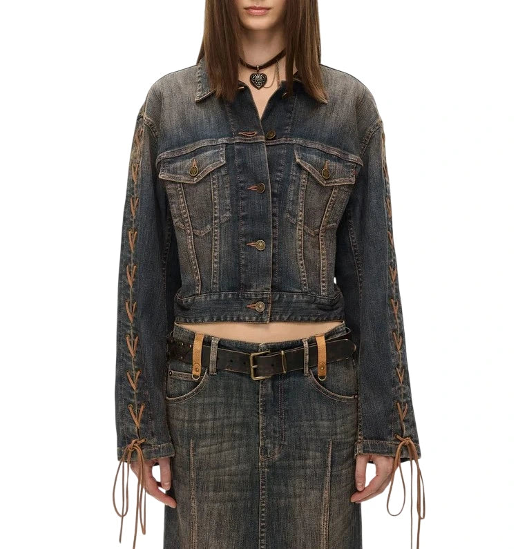 Distressed Lace-Up Sleeve Denim Jacket