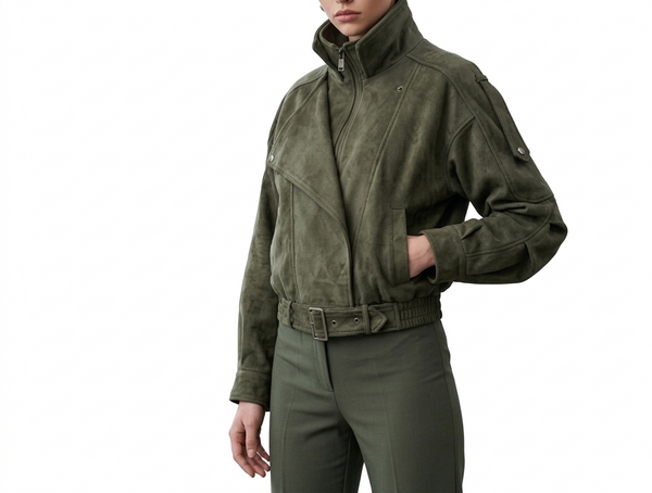 Olive Suede Oversized Moto Bomber Jacket