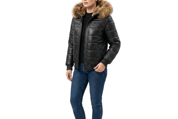 Luxury Black Quilted Leather Winter Jacket for Women – Modern Bomber Style-J-1