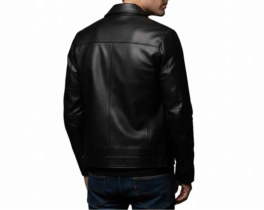 back view of Men’s Classic Minimalist Black Leather Jacket – Genuine Sheepskin by LeatherTex