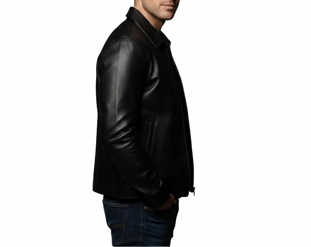 Front-left side view of Men’s Classic Minimalist Black Leather Jacket – Genuine Sheepskin by LeatherTex