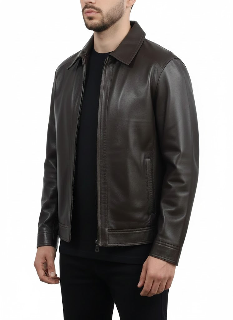 front right side view Men's custom fit dark brown sheepskin leather jacket with antique brass hardware, classic tailored design, front zipper closure, premium handcrafted finish by LeatherTex.