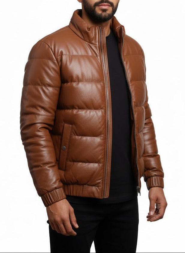 front left side view Men's Custom Fit Tan Brown Sheepskin Leather Puffer Jacket – Insulated Winter Leather Jacket by LeatherTex