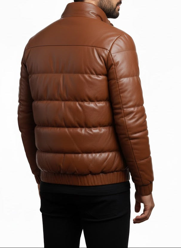 back right side view Men's Custom Fit Tan Brown Sheepskin Leather Puffer Jacket – Insulated Winter Leather Jacket by LeatherTex