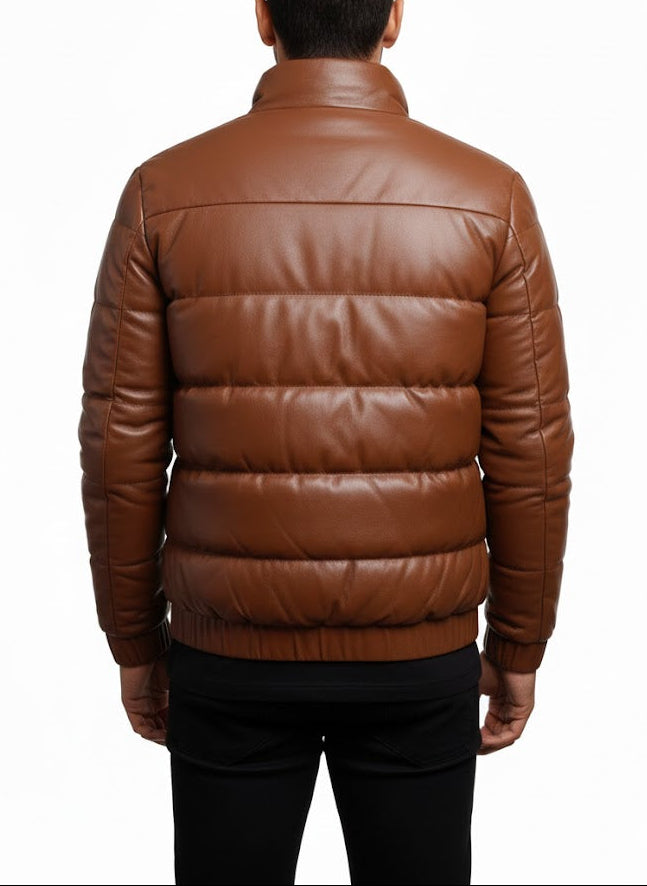 back view Men's Custom Fit Tan Brown Sheepskin Leather Puffer Jacket – Insulated Winter Leather Jacket by LeatherTex
