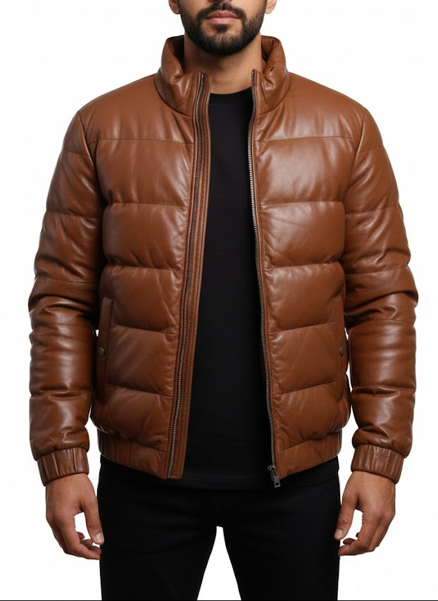 front view Men's Custom Fit Handcrafted Tan Brown Sheepskin Leather Puffer Jacket - Insulated Winter Edition