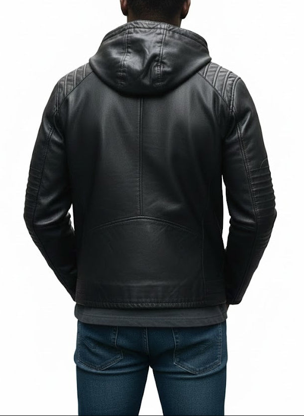 back view Men's Black Cowhide Leather Hooded Jacket with Quilted Shoulder & Elbow Detailing – Handcrafted Modern Leather Jacket by LeatherTex