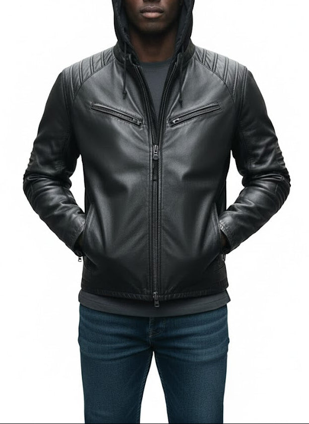 front view Men's Black Cowhide Leather Hooded Jacket with Quilted Shoulder & Elbow Detailing – Handcrafted Modern Leather Jacket by LeatherTex