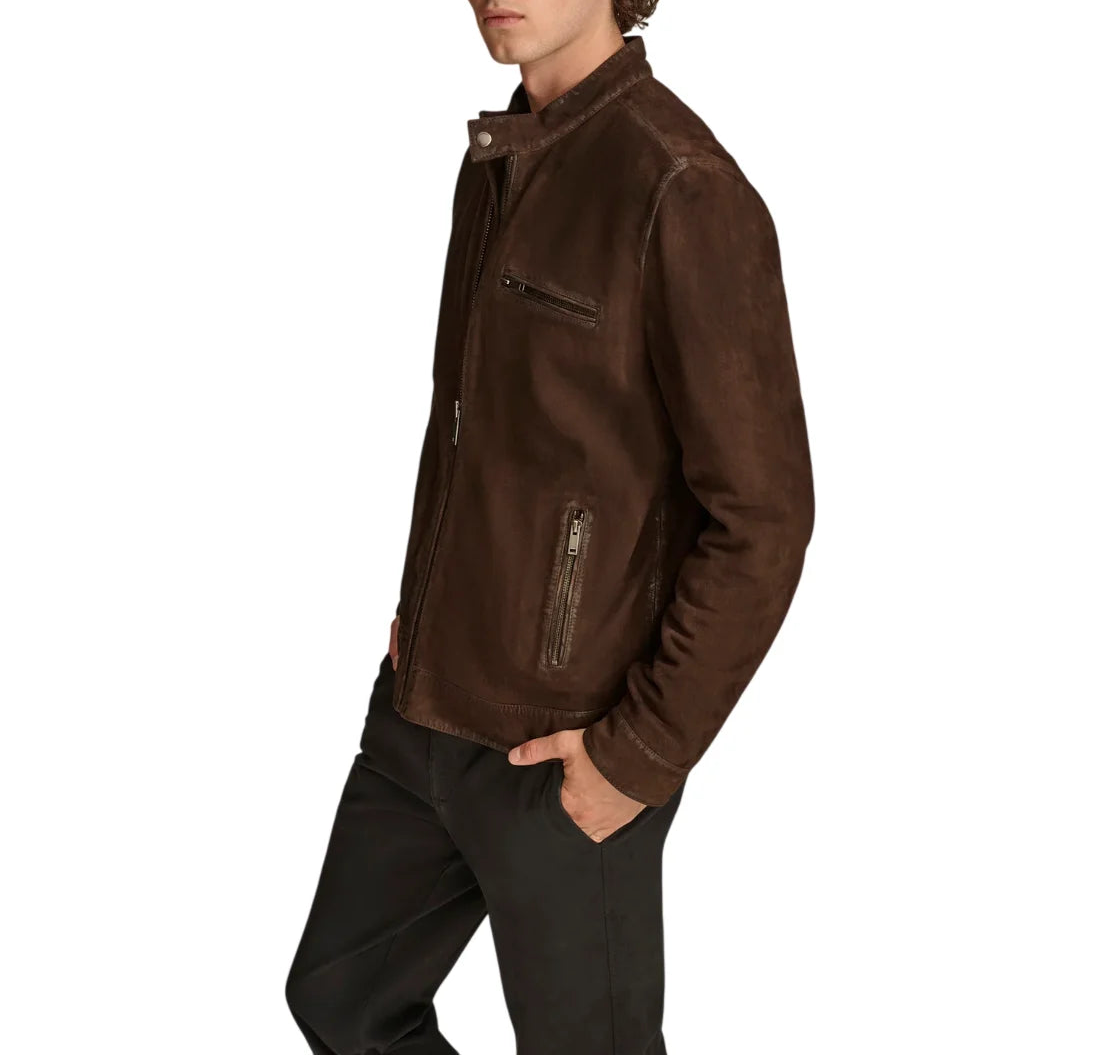 Front view of chocolate brown suede cafe racer leather jacket for men, premium leather jacket by LeatherTex