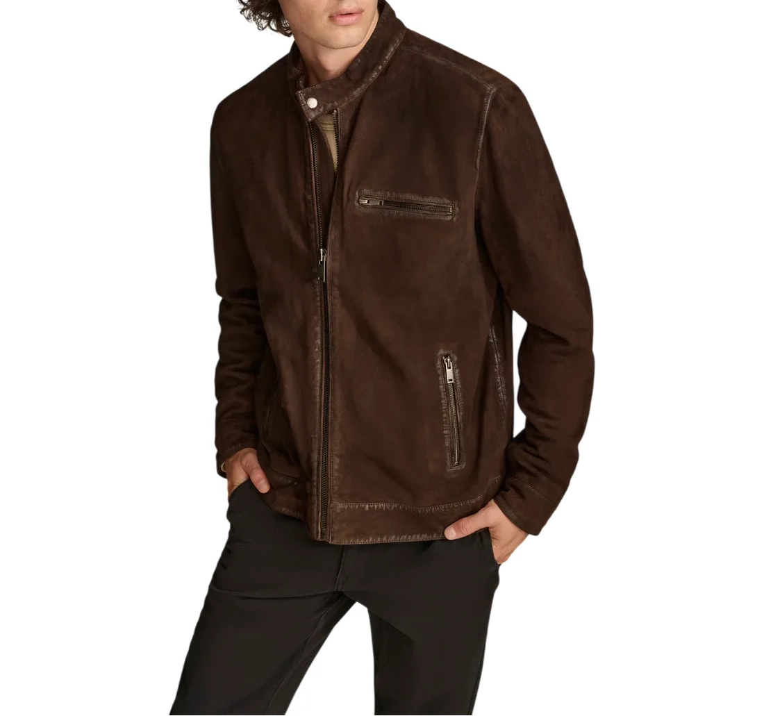 Front view of chocolate brown suede cafe racer leather jacket for men, premium leather jacket by LeatherTex