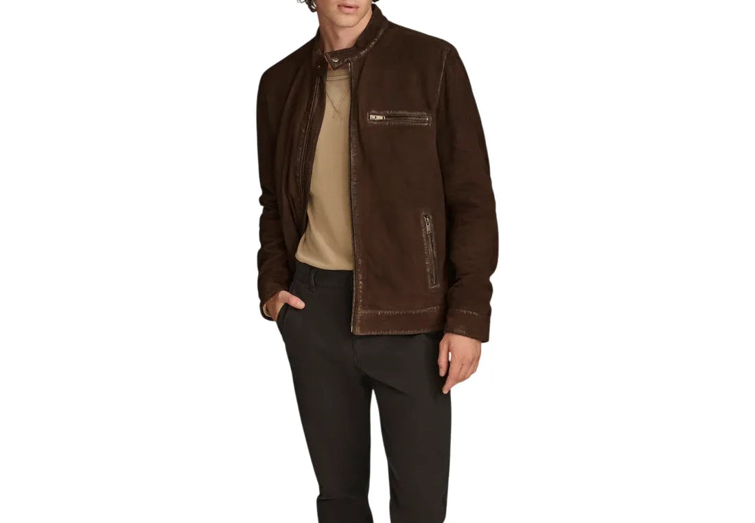 Front view of chocolate brown suede cafe racer leather jacket for men, premium leather jacket by LeatherTex