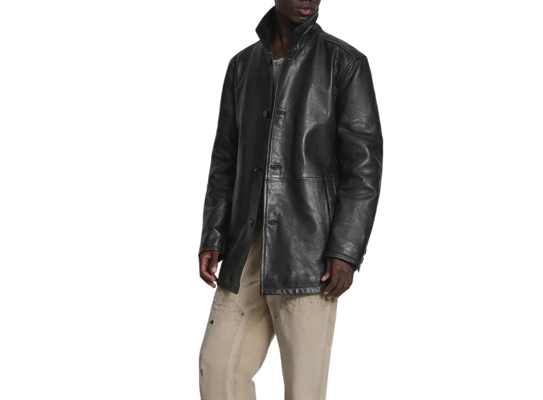 front-zoom view Men's Handcrafted Jet Black Cowhide Leather Long-Line Jacket with classic shirt collar, long-line silhouette, and premium genuine leather finish by LeatherTex.