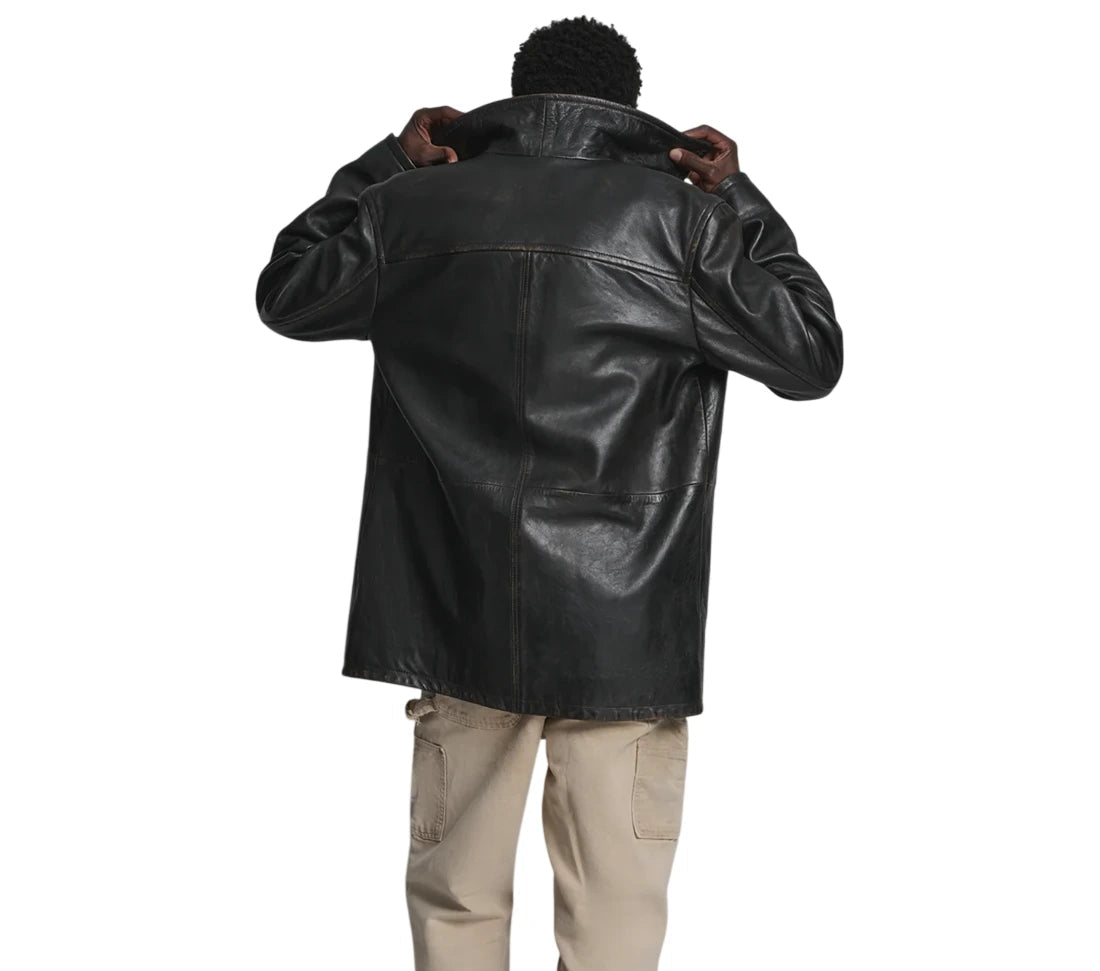 back view Men's Handcrafted Jet Black Cowhide Leather Long-Line Jacket with classic shirt collar, long-line silhouette, and premium genuine leather finish by LeatherTex.