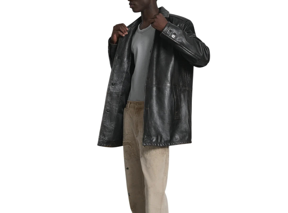 front-left side view Men's Handcrafted Jet Black Cowhide Leather Long-Line Jacket with classic shirt collar, long-line silhouette, and premium genuine leather finish by LeatherTex.