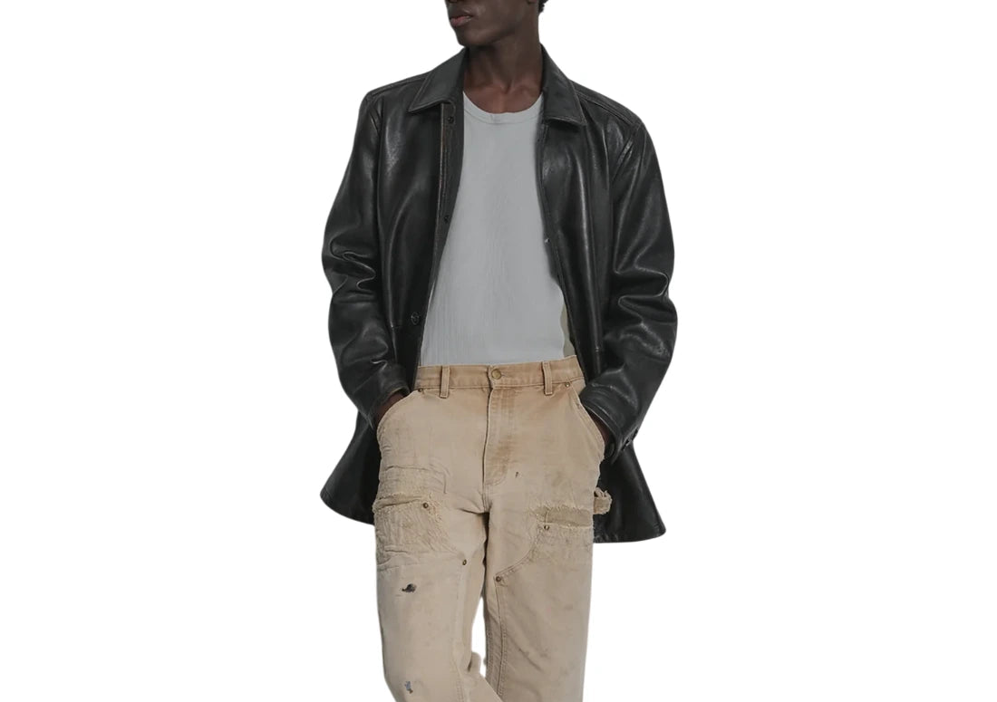 front view Men's Handcrafted Jet Black Cowhide Leather Long-Line Jacket with classic shirt collar, long-line silhouette, and premium genuine leather finish by LeatherTex.