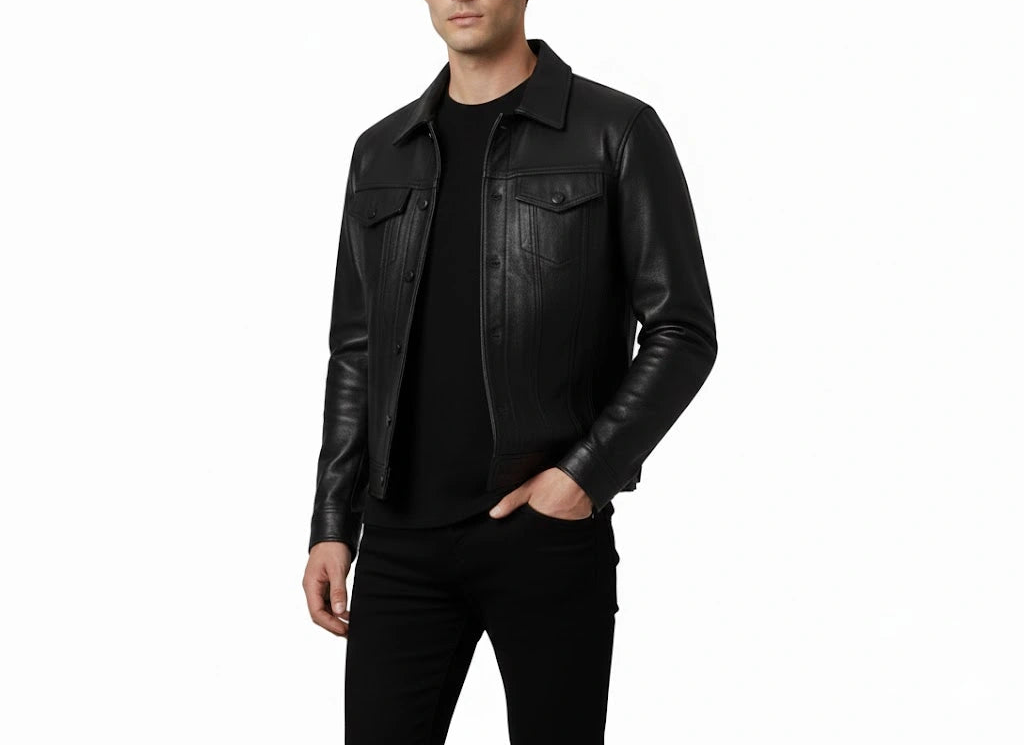 front side view Men’s luxury handcrafted black sheepskin leather trucker jacket with classic button-down style by LeatherTex