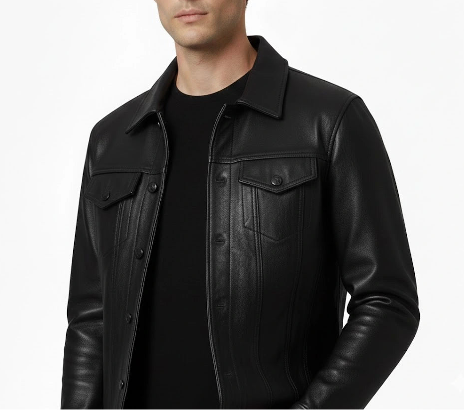 front close up view Men’s luxury handcrafted black sheepskin leather trucker jacket with classic button-down style by LeatherTex