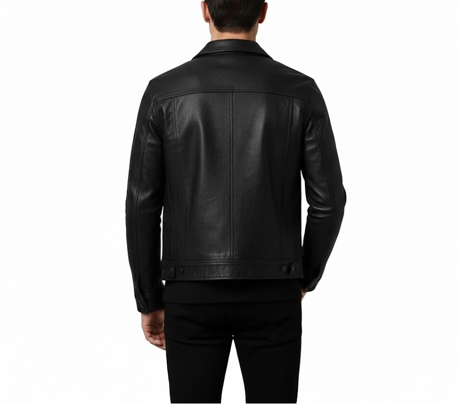back view Men’s luxury handcrafted black sheepskin leather trucker jacket with classic button-down style by LeatherTex