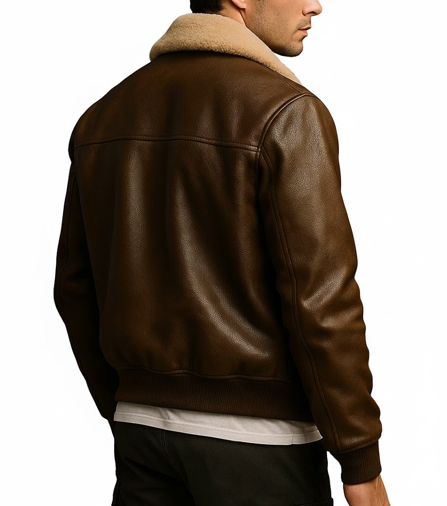 back view Men’s Premium Handcrafted Antique Brown Cowhide Aviator Jacket with detachable fur collar