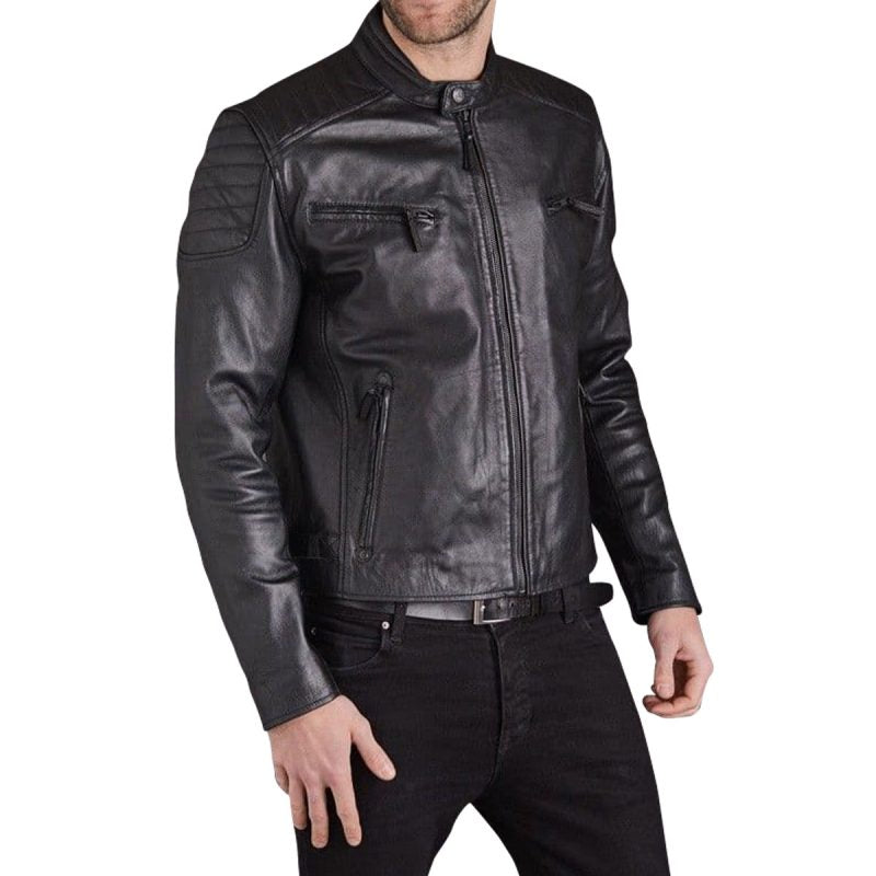 front right side view Man wearing premium handcrafted black cowhide leather cafe racer jacket with padded detail by LeatherTex