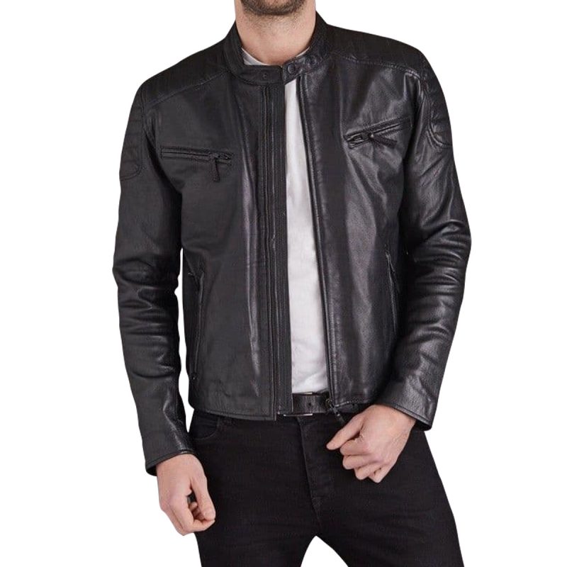front view Man wearing premium handcrafted black cowhide leather cafe racer jacket with padded detail by LeatherTex