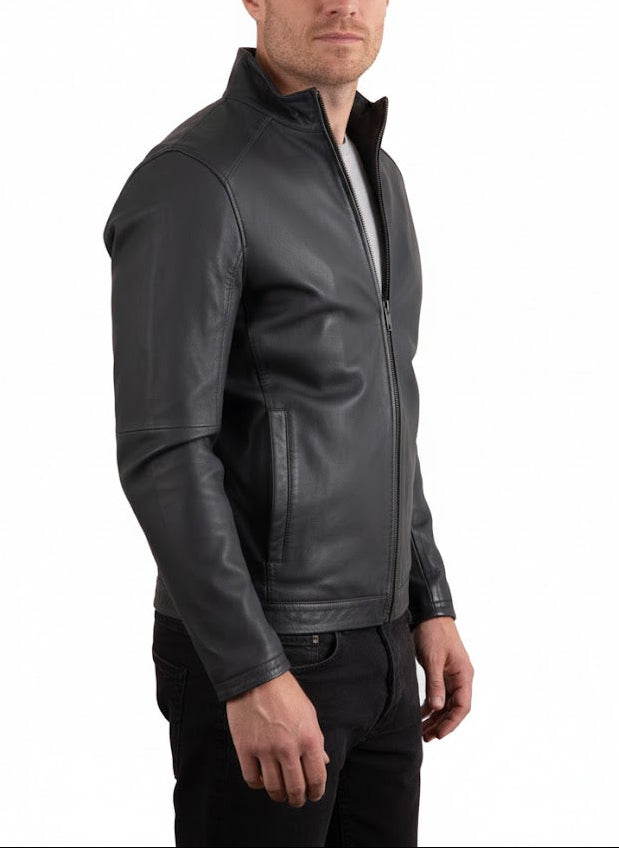 front right side view Man wearing premium handcrafted black cowhide leather jacket with stand collar by LeatherTex