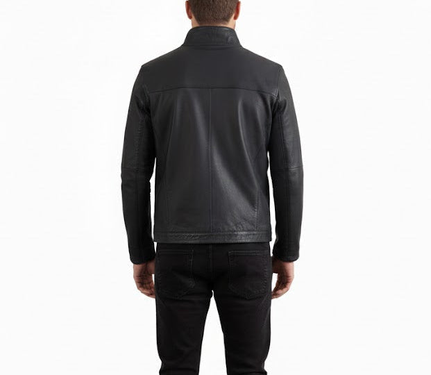 back view Man wearing premium handcrafted black cowhide leather jacket with stand collar by LeatherTex