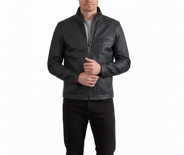 front view Man wearing premium handcrafted black cowhide leather jacket with stand collar by LeatherTex