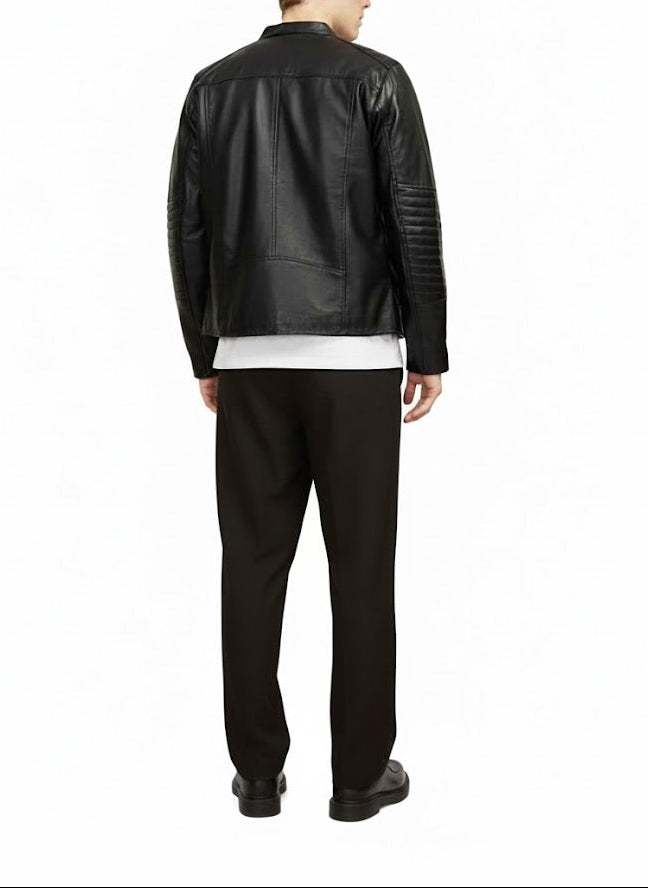 back view Men’s Premium Handcrafted Black Sheepskin Leather Racer Jacket with padded sleeves