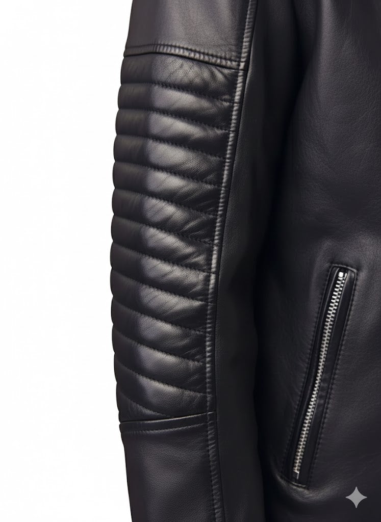 front-sleeves view Men’s Premium Handcrafted Black Sheepskin Leather Racer Jacket with padded sleeves
