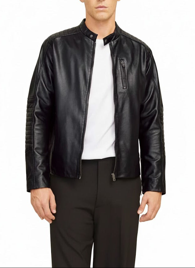 front view Men’s Premium Handcrafted Black Sheepskin Leather Racer Jacket with padded sleeves