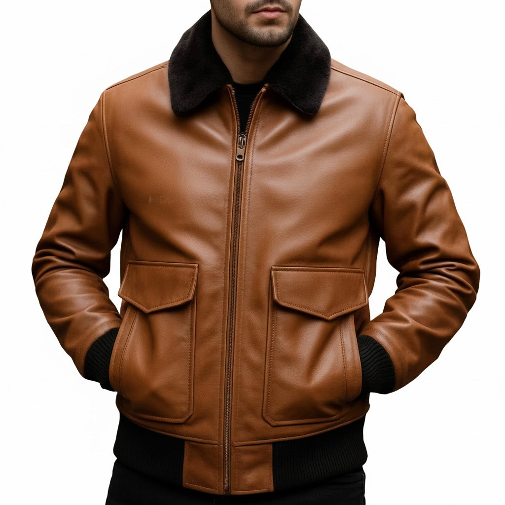 front view Men’s Premium Handcrafted Brown Sheep Leather Aviator Jacket with detachable sheepskin fur collar
