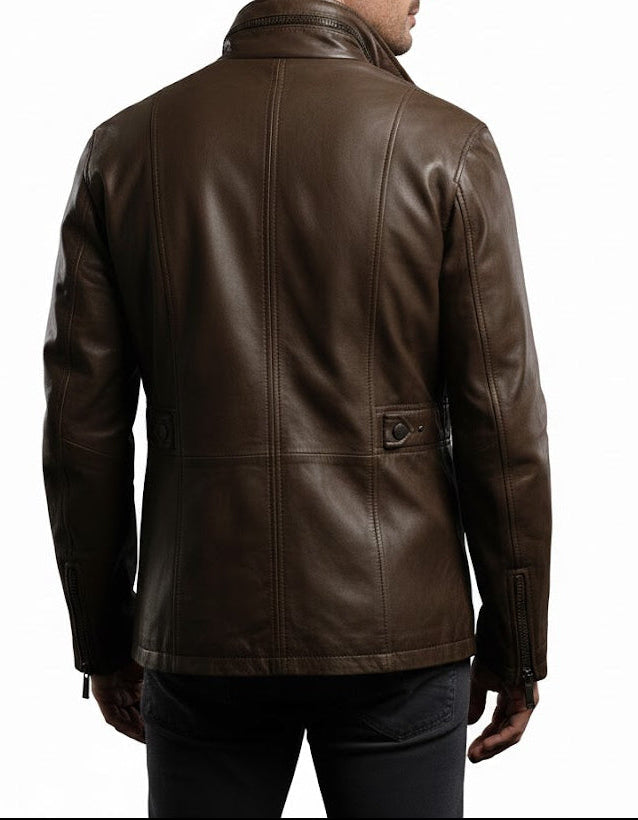 back view Men’s Premium Handcrafted Dark Brown Leather Field Jacket with stand collar