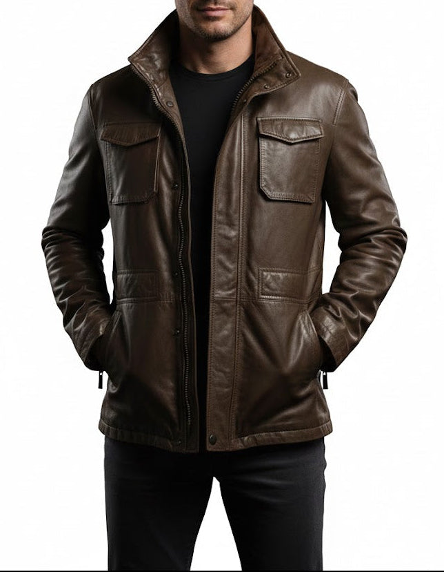 front view Men’s Premium Handcrafted Dark Brown Leather Field Jacket with stand collar