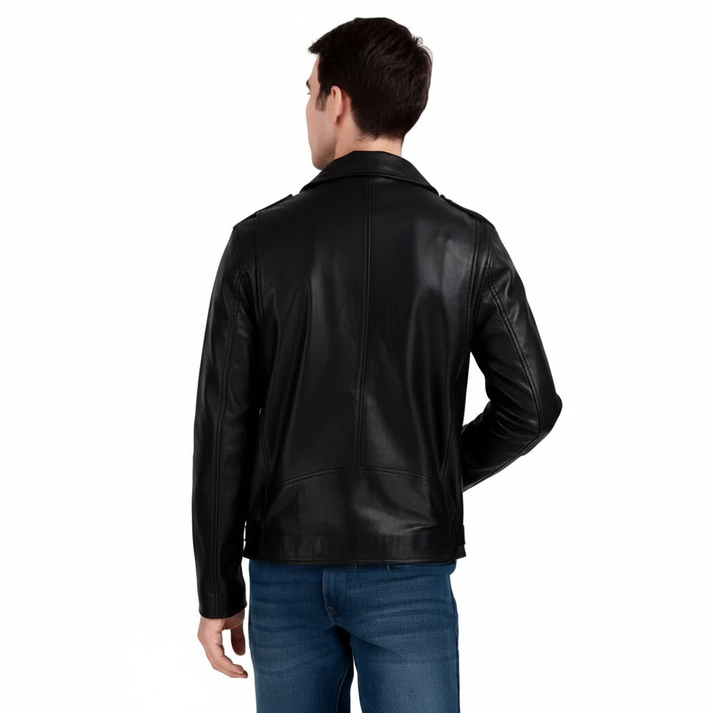 back view Man wearing premium handcrafted jet black sheepskin leather biker jacket with YKK hardware by LeatherTex