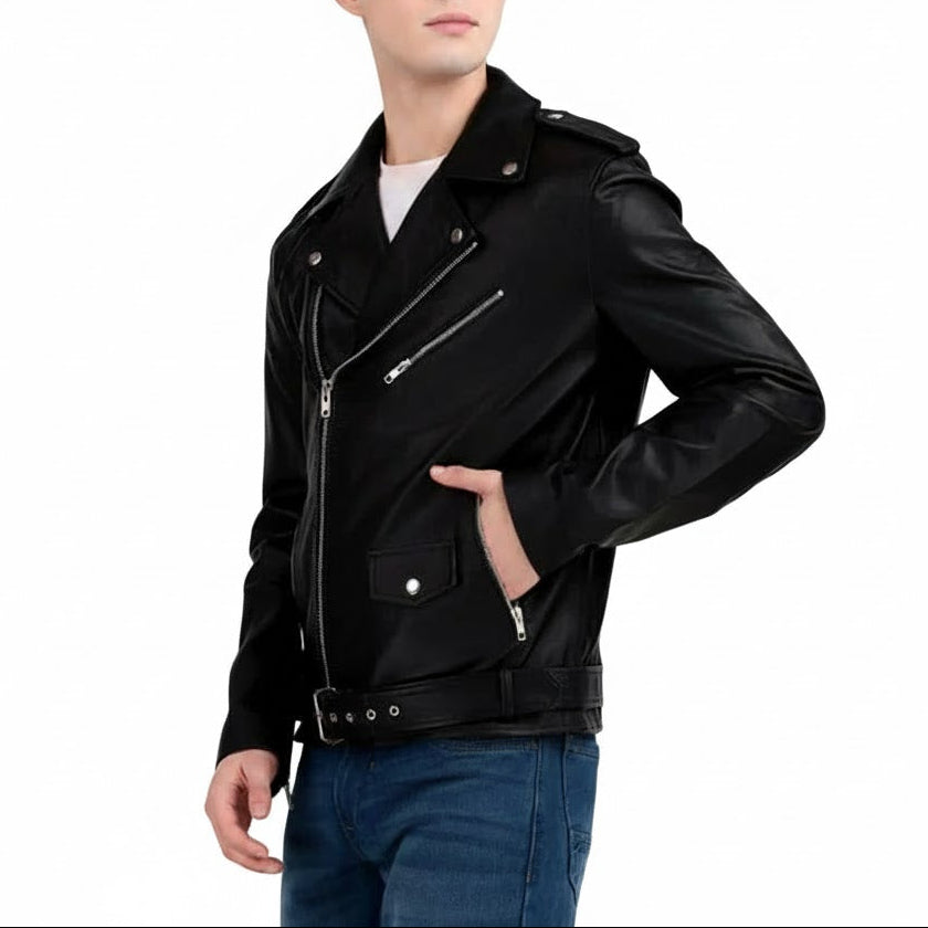Man wearing premium handcrafted jet black sheepskin leather biker jacket with YKK hardware by LeatherTex