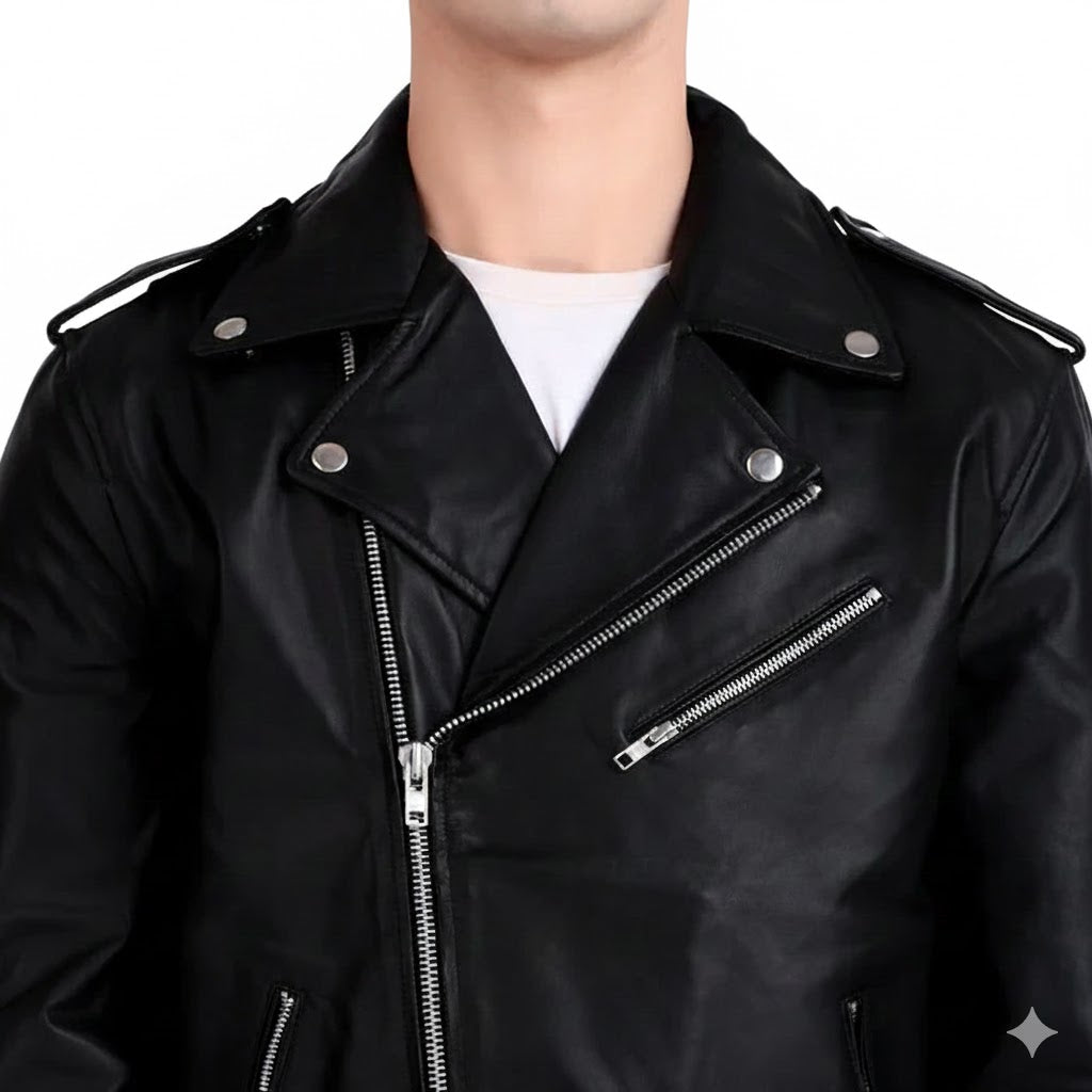 Man wearing premium handcrafted jet black sheepskin leather biker jacket with YKK hardware by LeatherTex