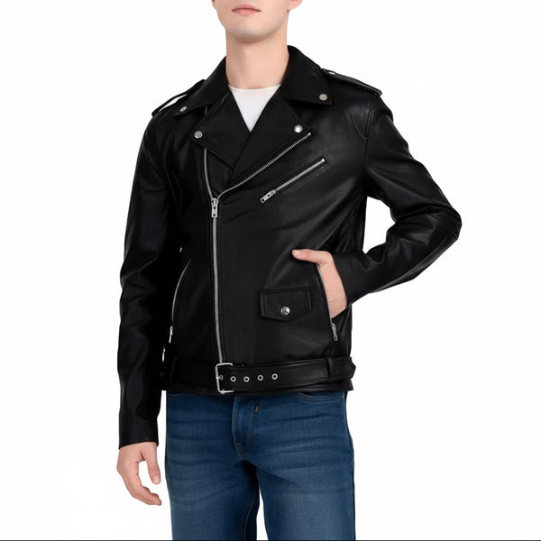 front view Man wearing premium handcrafted jet black sheepskin leather biker jacket with YKK hardware by LeatherTex
